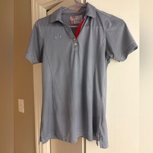 Gray striped Chick-Fil-A work shirt.